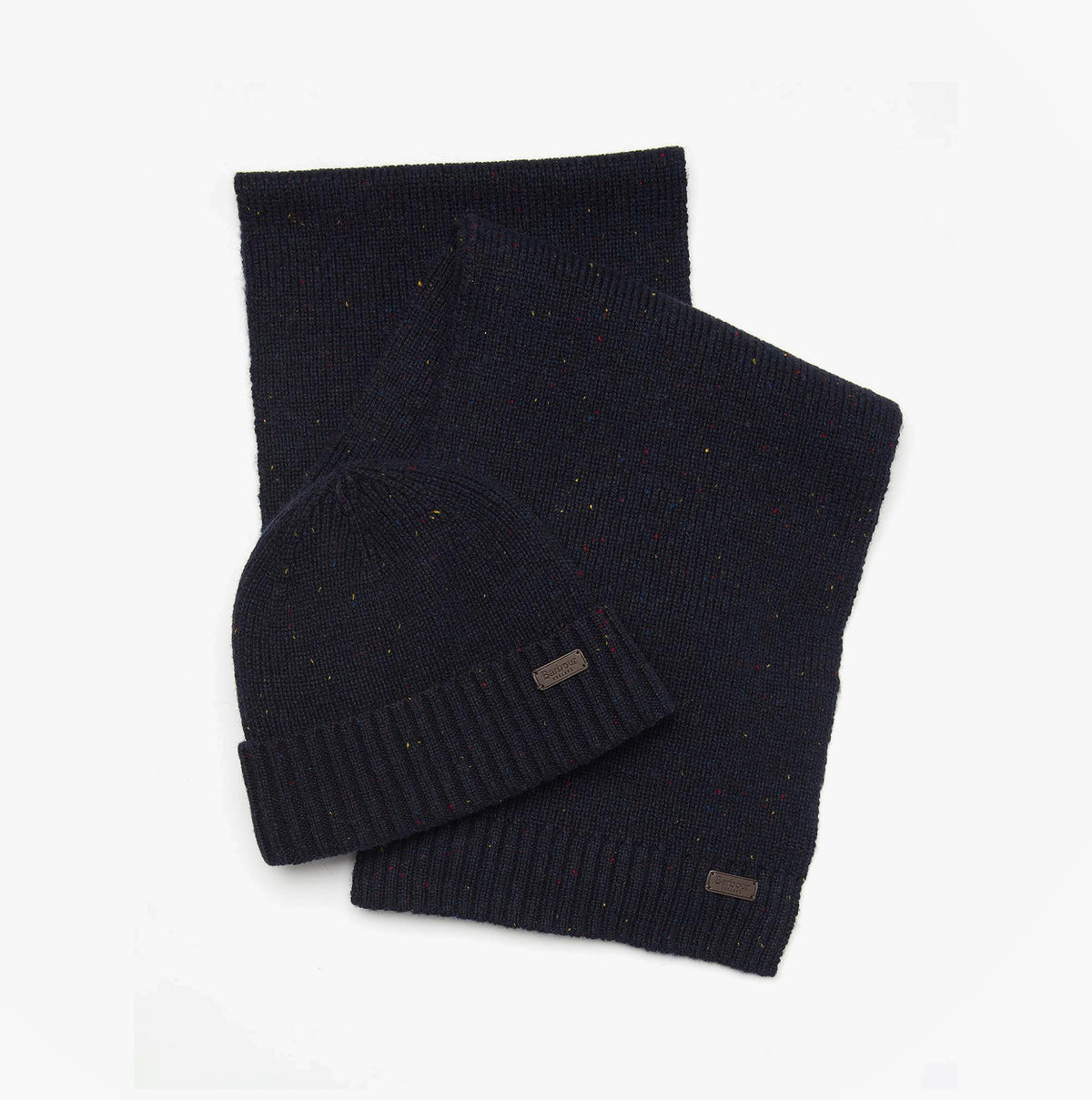 Barbour CARLTON FLECK BEANIE & SCARF Gift Set Mens Navy flat lay view featuring beanie and scarf.