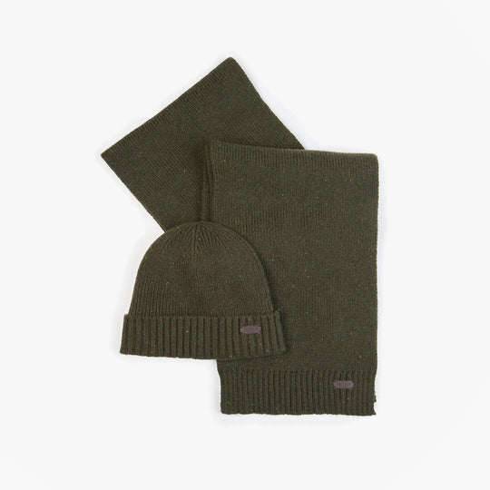 Barbour CARLTON FLECK BEANIE & SCARF Gift Set Mens Olive, flat lay view showcasing beanie and scarf in olive color.