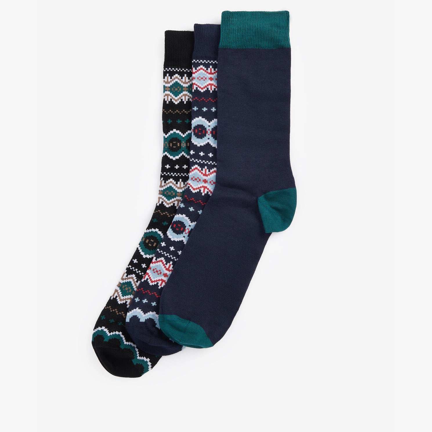 Barbour FAIR ISLE SOCK Mens Gift Box Blue Granite/Green Loch featuring detailed view of three crew socks in various colors.