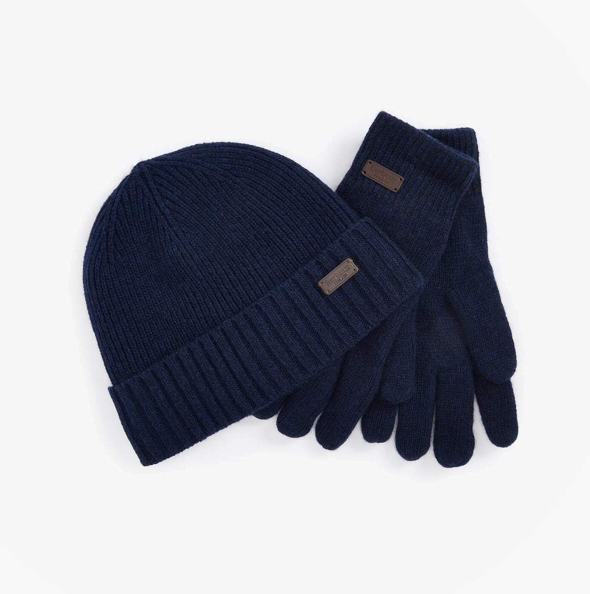 Barbour CARLTON BEANIE & GLOVES Gift Set Mens Navy, top view of the navy beanie and gloves neatly arranged.