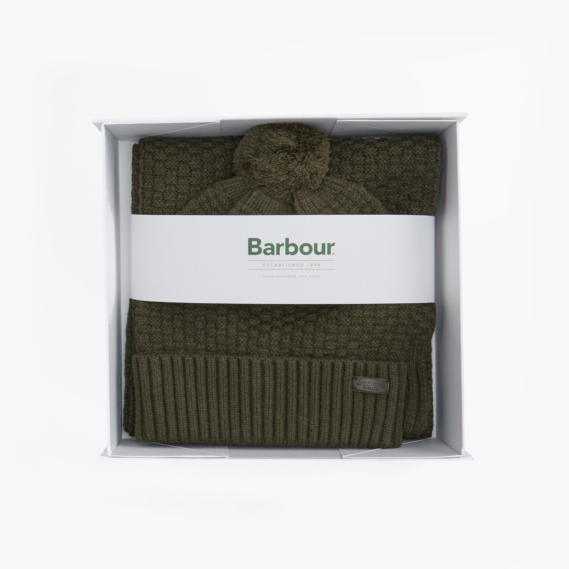 Barbour RAMSIDE BEANIE AND SCARF Mens Gift Set Dark Olive