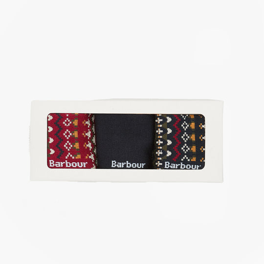 Barbour MARLOW FAIR ISLE SOCK 3 Pack Gift Box Mens Multicolour, front view of three socks in a gift box.