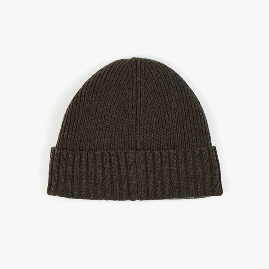 Barbour CARLTON Mens Beanie Mid Brown top view showing ribbed design and warm wool blend material.