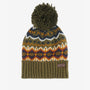 Barbour CASE FAIRISLE Mens Bobble Beanie Olive top view showcasing fairisle design and contrasting ribbed hem.