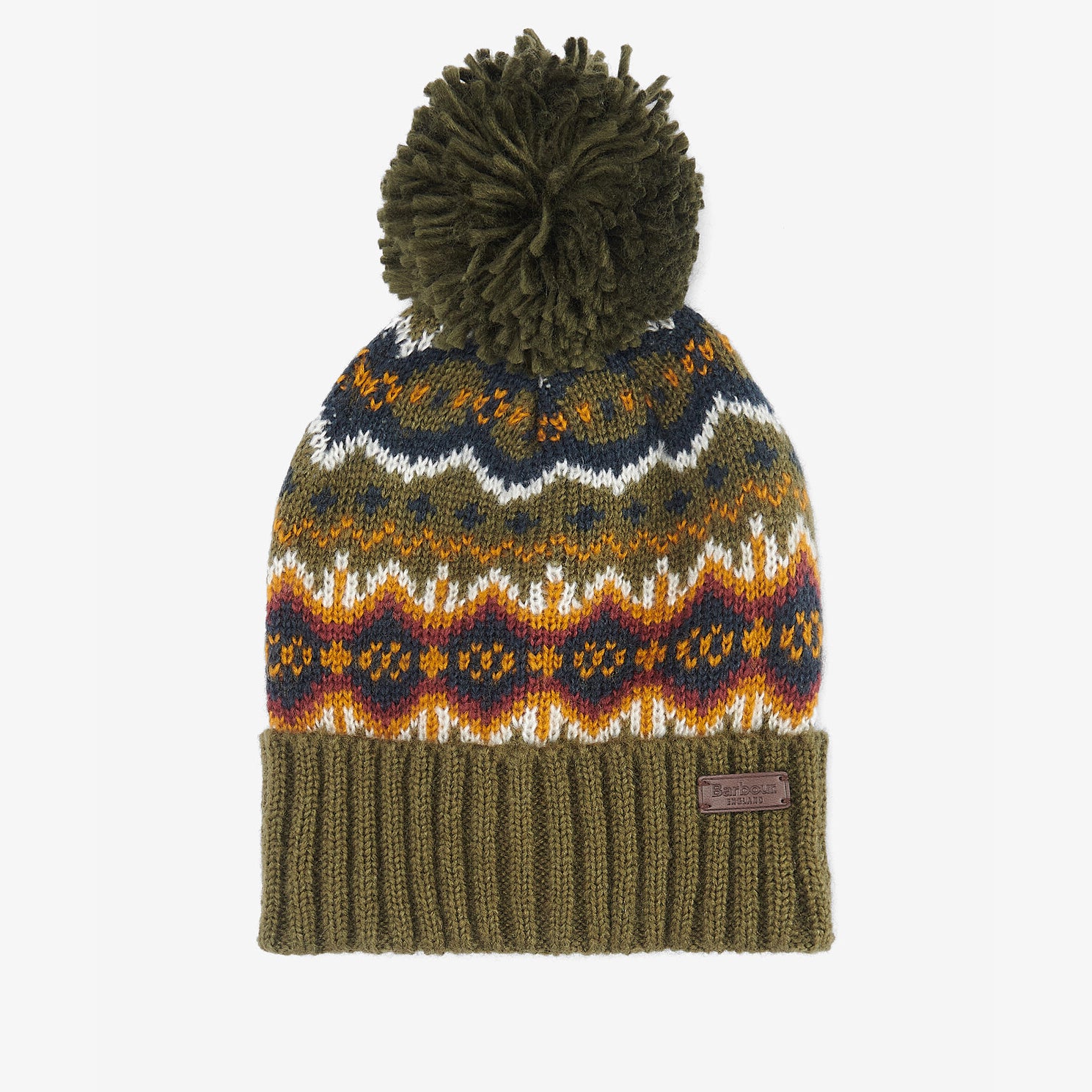 Barbour CASE FAIRISLE Mens Bobble Beanie Olive top view showcasing fairisle design and contrasting ribbed hem.