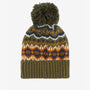 Barbour CASE FAIRISLE Mens Bobble Beanie Olive top view showcasing Fairisle design and pom-pom detail.