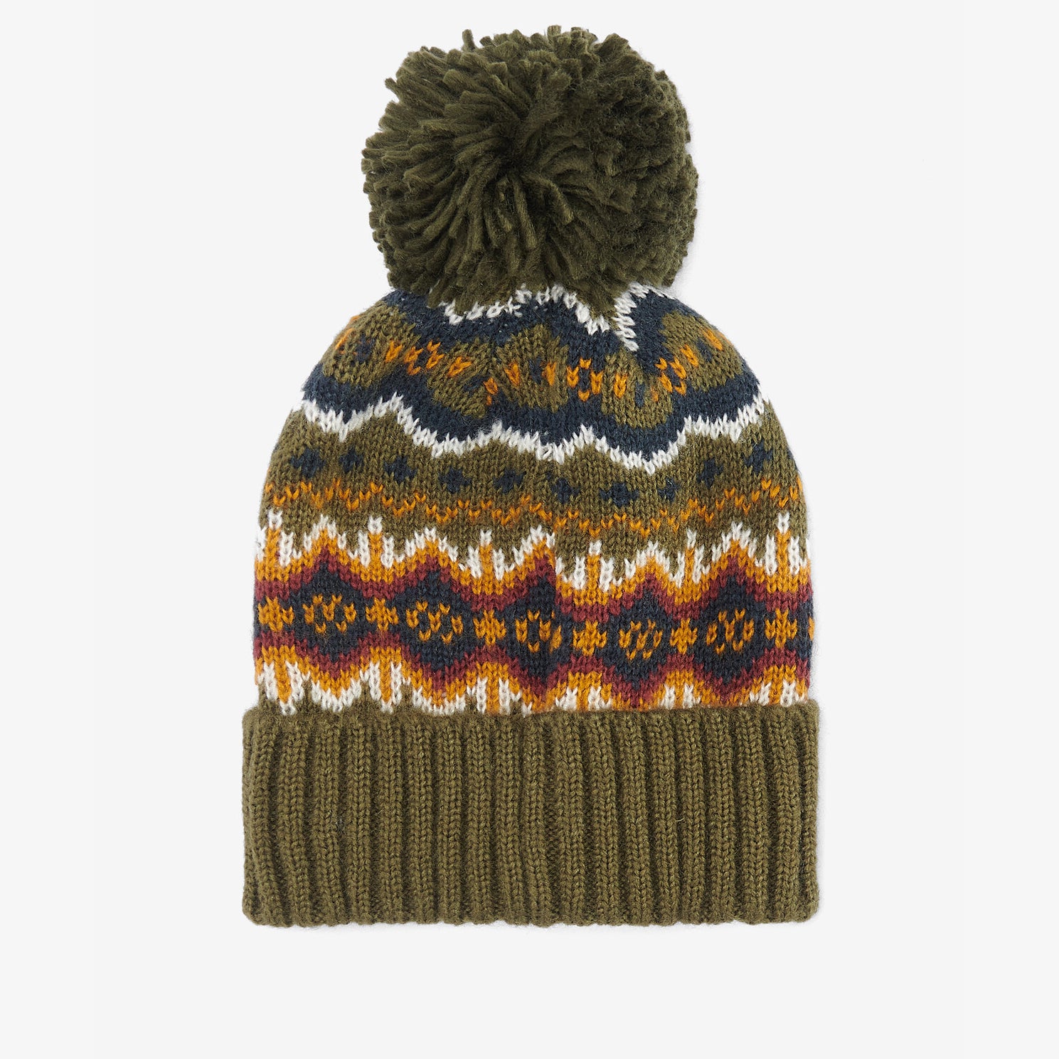 Barbour CASE FAIRISLE Mens Bobble Beanie Olive top view showcasing Fairisle design and pom-pom detail.