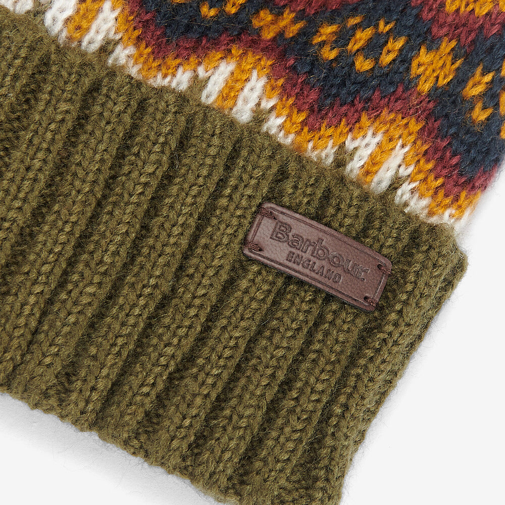 Barbour CASE FAIRISLE Mens Bobble Beanie Olive detail view showing Fairisle design and ribbed turnup hem.