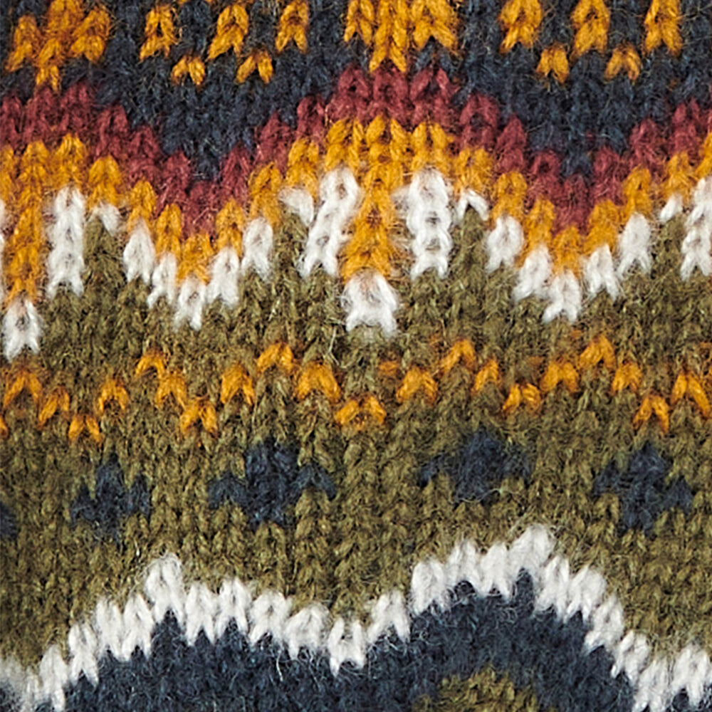 Barbour CASE FAIRISLE Mens Bobble Beanie Olive close-up detail view of Fairisle pattern design