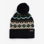 Barbour CASE FAIRISLE Mens Bobble Beanie Green Loch front view showing Fairisle design and contrasting ribbed hem.