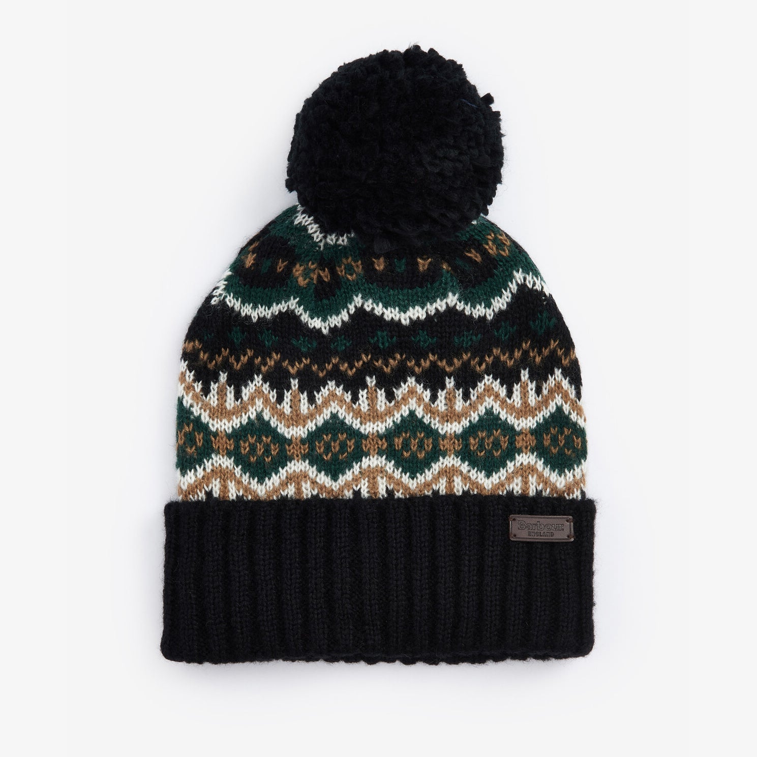Barbour CASE FAIRISLE Mens Bobble Beanie Green Loch front view showing Fairisle design and contrasting ribbed hem.