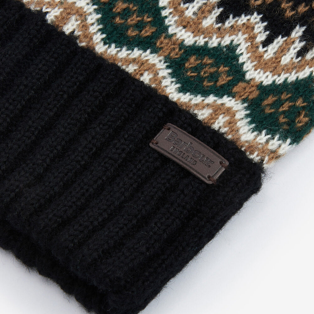 Barbour CASE FAIRISLE Mens Bobble Beanie Green Loch detail view showing Fairisle design and ribbed hem.