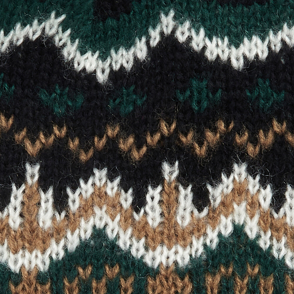 Barbour CASE FAIRISLE Mens Bobble Beanie Green Loch detail view of the Fairisle design featuring vibrant colors.