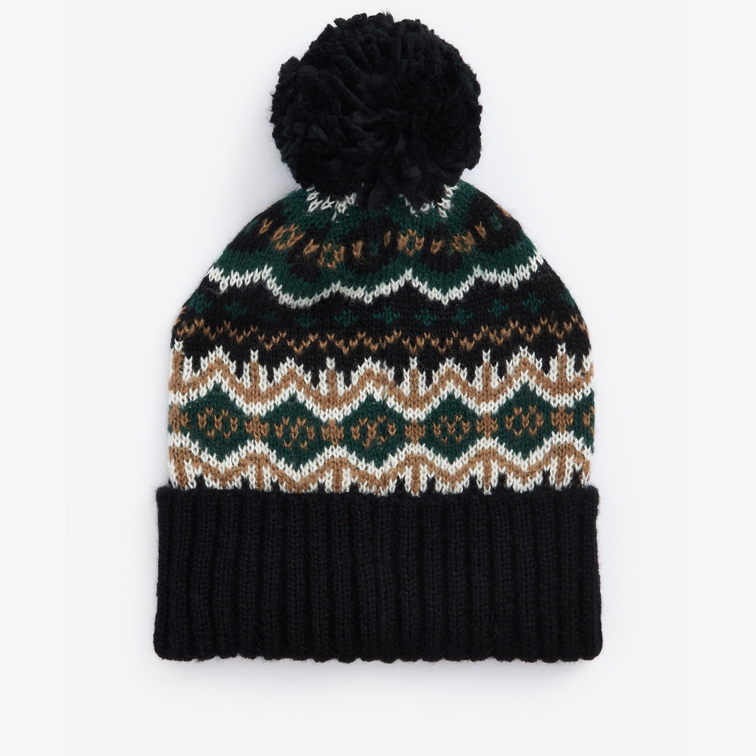 Barbour CASE FAIRISLE Mens Bobble Beanie Green Loch top view featuring Fairisle design and contrasting ribbed turnup hem.