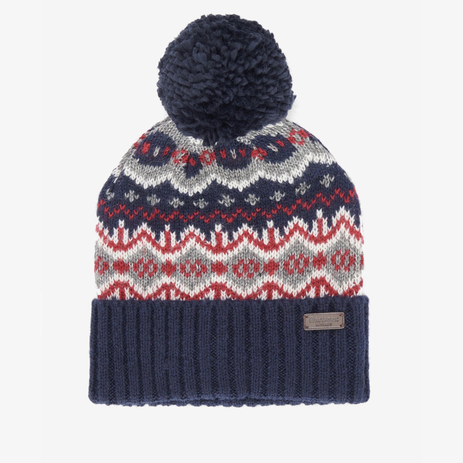 Barbour CASE FAIRISLE Mens Bobble Beanie Blue Granite front view featuring Fairisle design and contrasting ribbed hem.