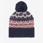 Barbour CASE FAIRISLE Mens Bobble Beanie Blue Granite, top view showcasing fairisle pattern and pom-pom detail.