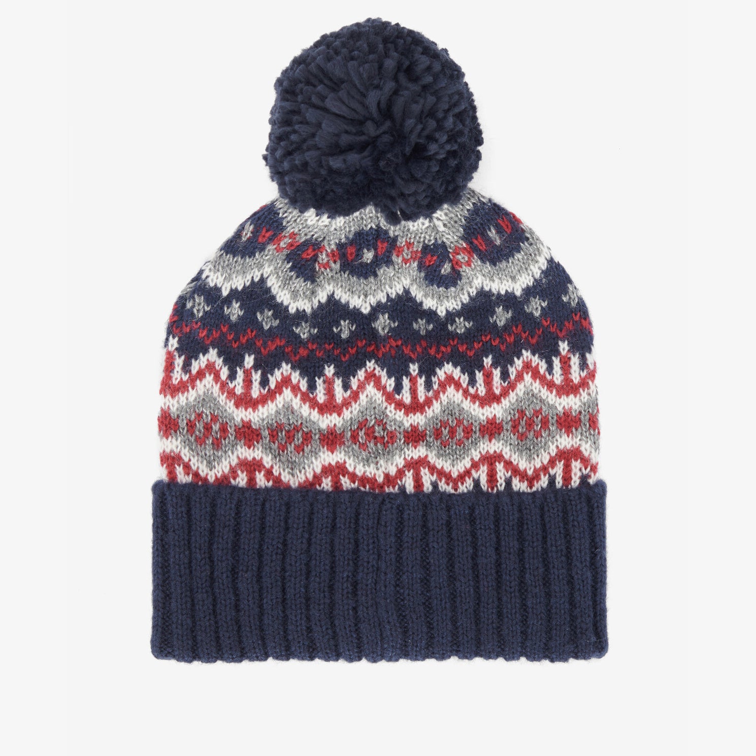 Barbour CASE FAIRISLE Mens Bobble Beanie Blue Granite, top view showcasing fairisle pattern and pom-pom detail.