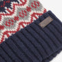 Barbour CASE FAIRISLE Mens Bobble Beanie Blue Granite detail view showing Fairisle pattern and ribbed turnup hem.