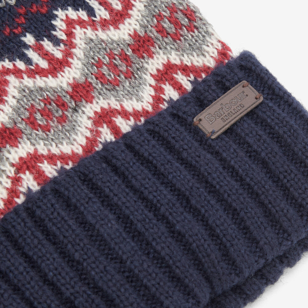 Barbour CASE FAIRISLE Mens Bobble Beanie Blue Granite detail view showing Fairisle pattern and ribbed turnup hem.