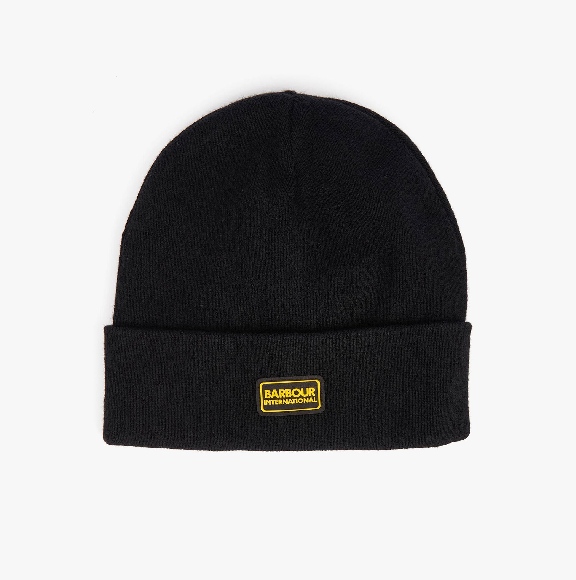 Barbour SENSOR LEGACY Mens Beanie Black front view showcasing a soft black knit design with logo