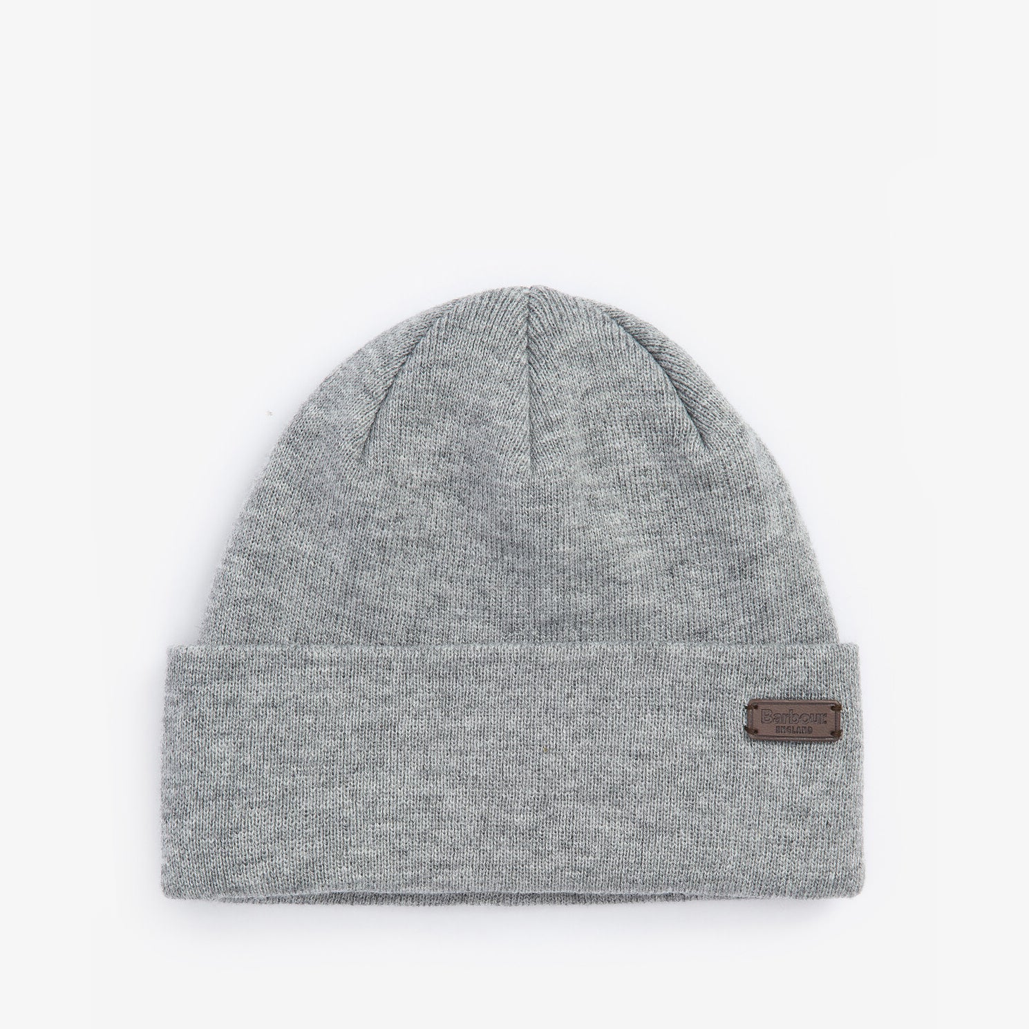 Barbour HEALEY Mens Beanie Light Grey Marl front view showing knitted beanie with turnback hem and logo detail.