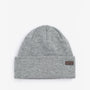 Barbour HEALEY Mens Beanie Light Grey Marl front view showing knitted beanie with turnback hem and logo detail.