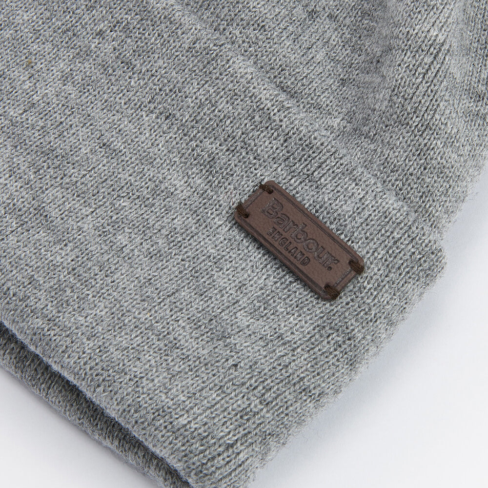 Barbour HEALEY Mens Beanie Light Grey Marl detail view showing fabric texture and brand label