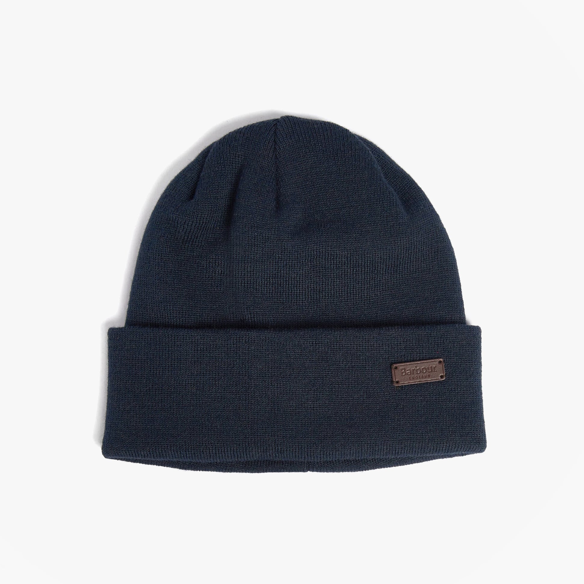Barbour HEALEY Mens Beanie Navy, front view, knitted beanie with turnback hem edge and logo patch.