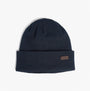 Barbour HEALEY Mens Beanie Navy, front view, knitted beanie with turnback hem edge and logo patch.