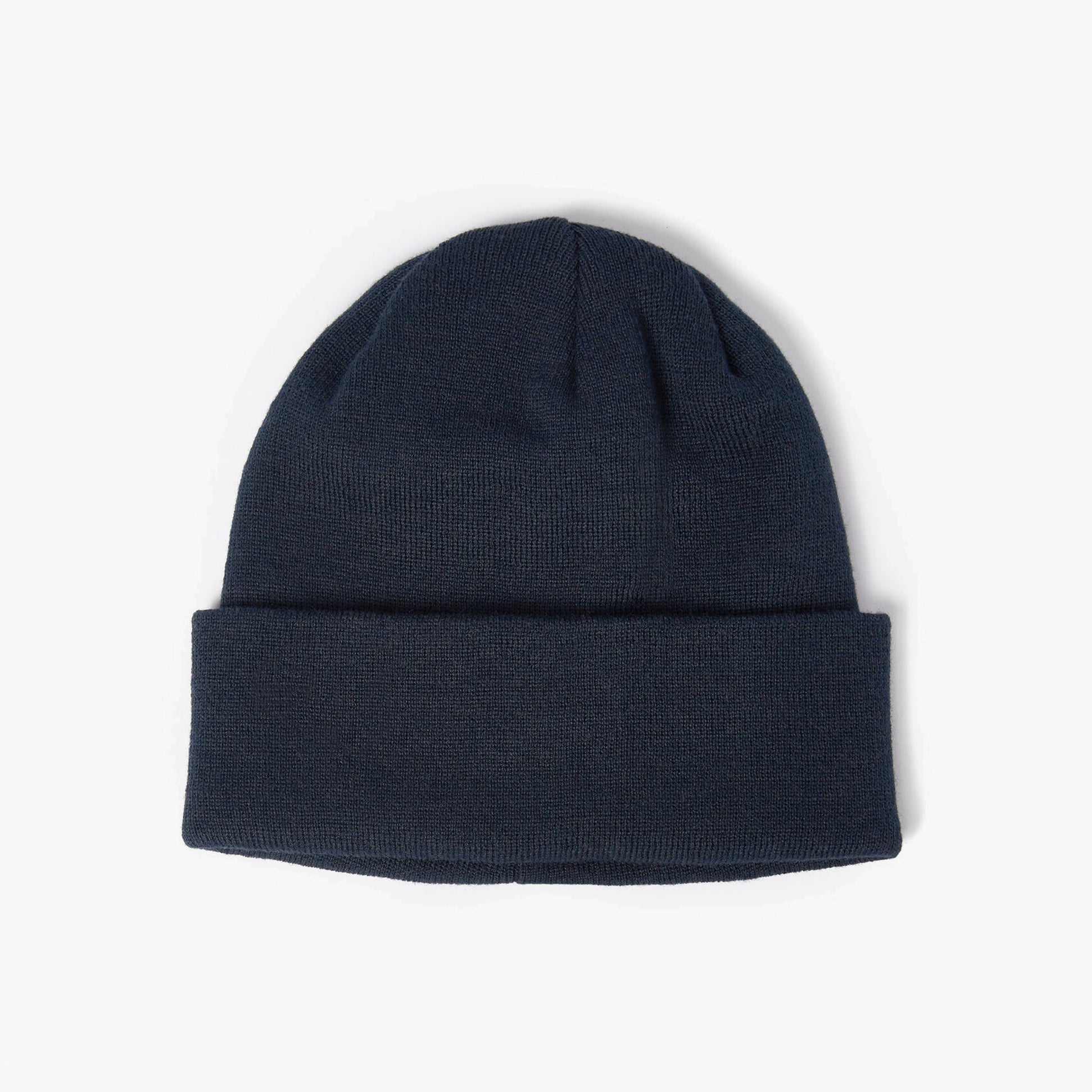 Barbour HEALEY Mens Beanie Navy, top view of knitted beanie with turnback hem and darted crown.