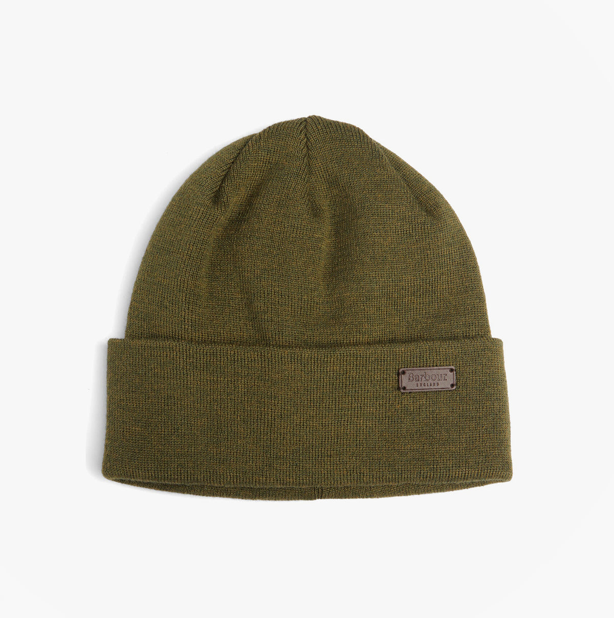 Barbour HEALEY Mens Beanie Olive front view showing knitted texture and turnback hem edge