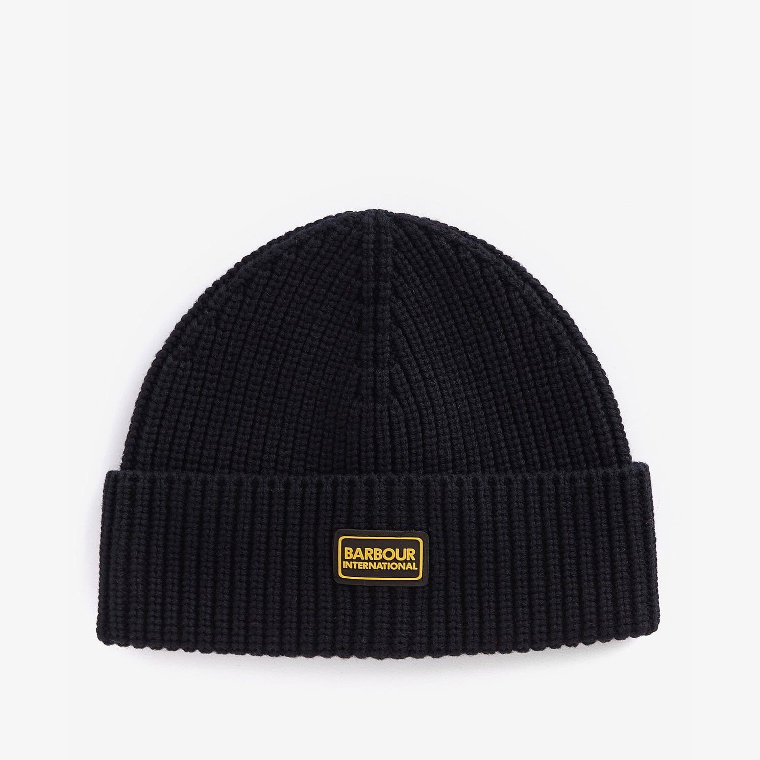 Barbour SWEEPER LEGACY Mens Beanie Black front view showing ribbed texture and silicone logo badge.