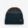 Barbour HARRAY Mens Beanie Green Loch front view featuring patterned design and logo-embossed leather badge.