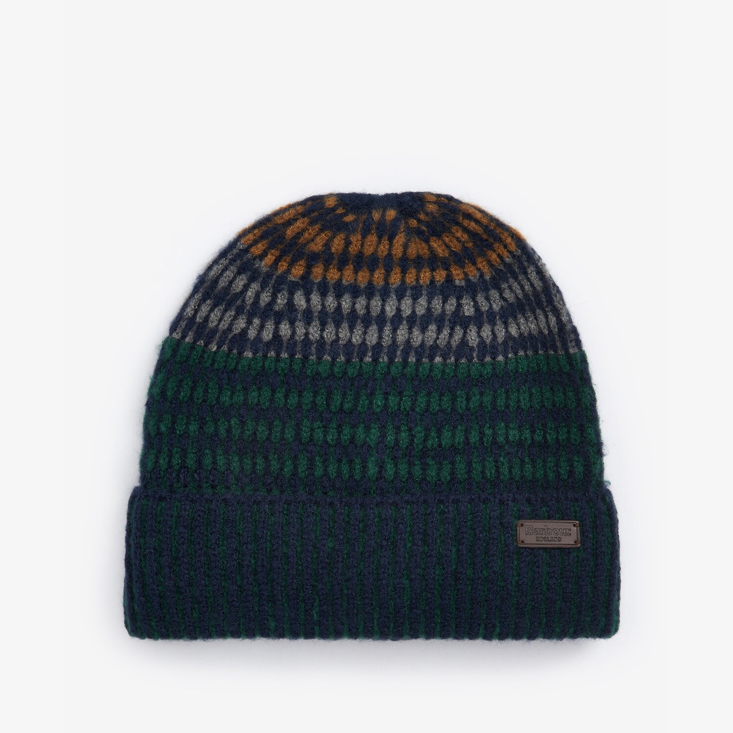 Barbour HARRAY Mens Beanie Green Loch front view featuring patterned design and logo-embossed leather badge.