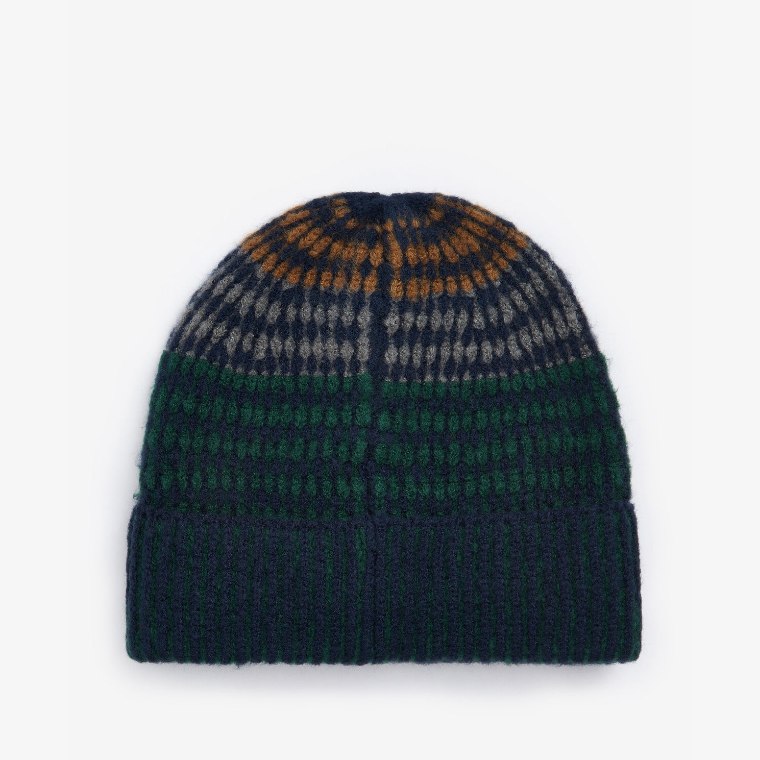 Barbour HARRAY Mens Beanie Green Loch top view showcasing patterned design and turnback hem.