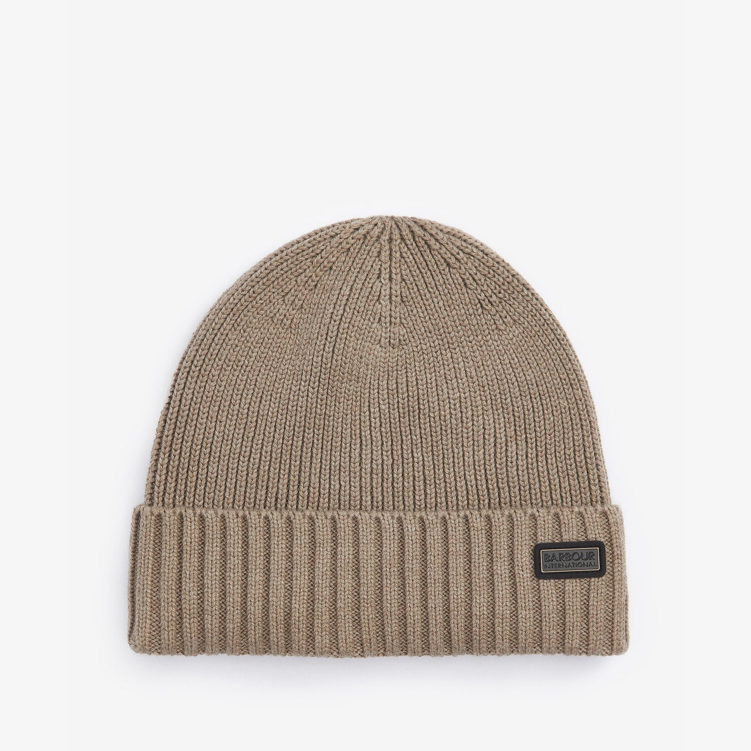 Barbour CHESTER Mens Beanie Brindle top view featuring rib-knit design and logo-embossed leather badge.