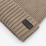 Barbour CHESTER Mens Beanie Brindle close-up detail view showcasing rib-knit design and logo-embossed leather badge.