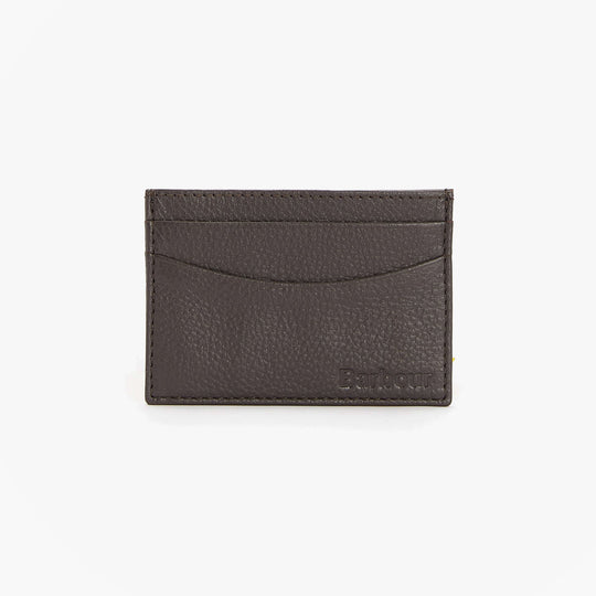Barbour AMBLE LEATHER Mens Card Holder Dark Brown front view showing textured leather and card slots.