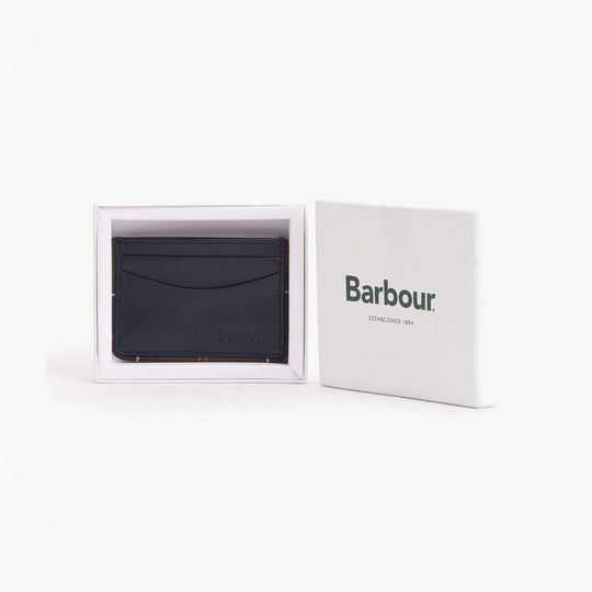 Barbour CHATTON LEATHER Mens Card Holder Navy/Classic front view in box with branding.