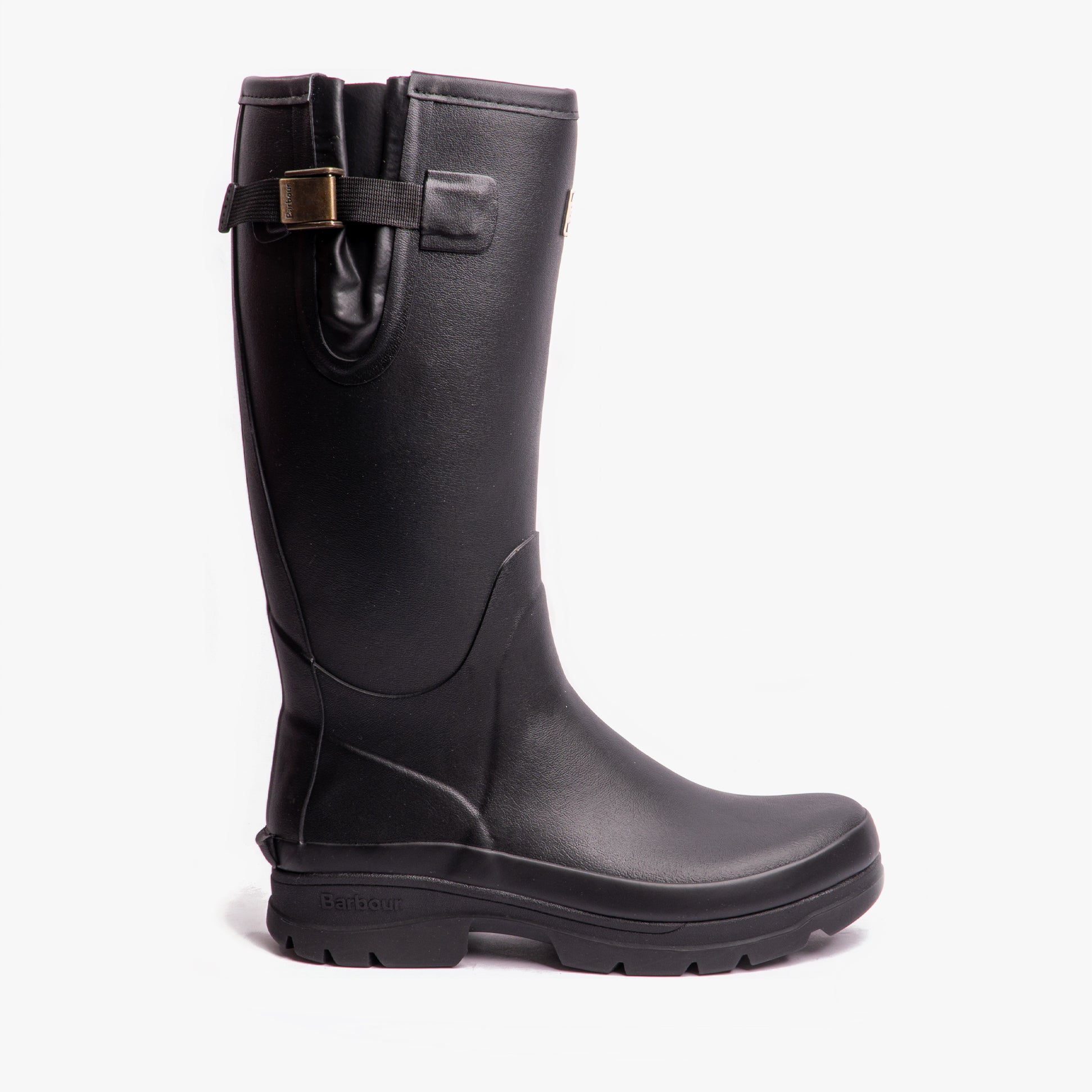Barbour TEMPEST Mens Wellington Boots Black side view showing sleek design and durable rubber material.