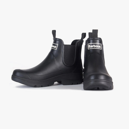 Barbour NIMBUS Mens Wellington Boots Black, side view showcasing rubber upper and elasticated side panel.