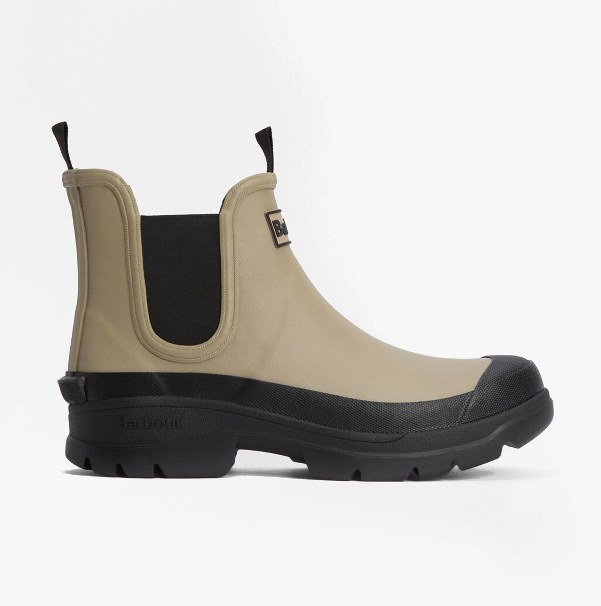 Barbour NIMBUS Mens Chelsea Wellies Washed Stone side view showcasing waterproof design and block heel.