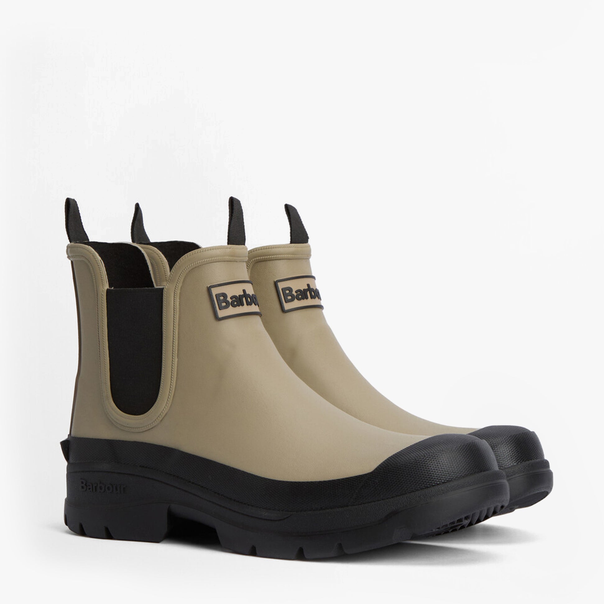 Barbour NIMBUS Mens Chelsea Wellies Washed Stone side view showing stylish rubber ankle boots with block heel.