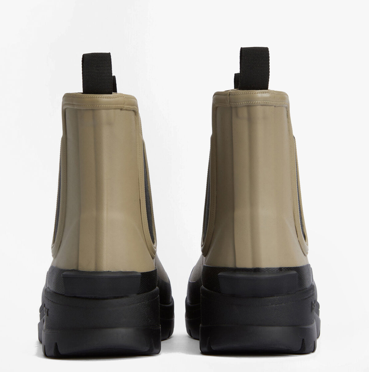 Barbour NIMBUS Mens Chelsea Wellies Washed Stone back view, showcasing the rubber ankle design and block heel.