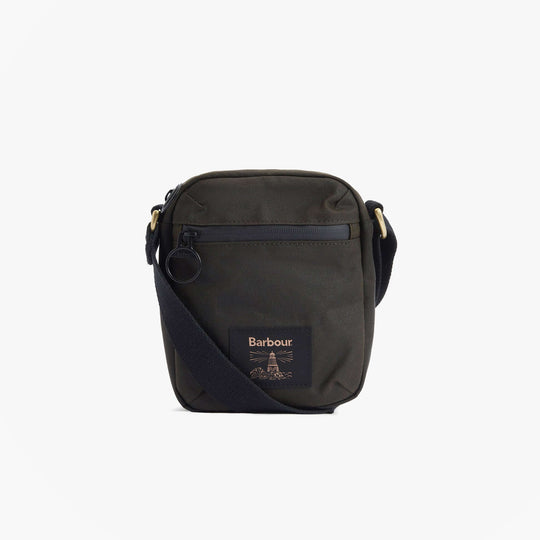 Barbour FIELD WAX Mens Crossbody Bag Olive/Black front view with zip closure and adjustable strap.