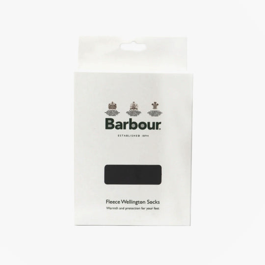 Barbour Fleece Wellington Unisex Socks Black front view in packaging, showcasing logo and product details.