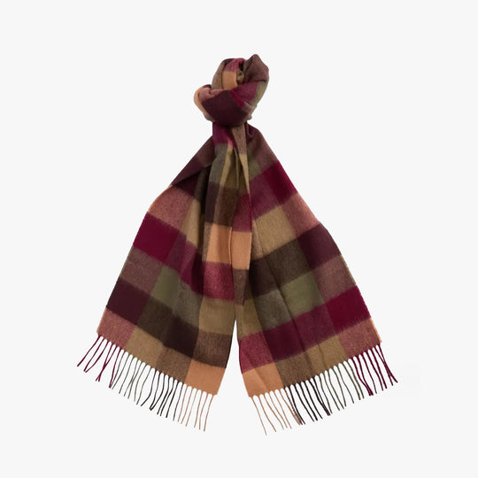 Barbour LAMBSWOOL TATTERSALL Scarf Unisex Adults Tawny Port front view showcasing the all-over Tattersall pattern.