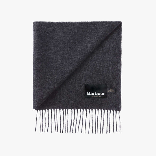 Barbour PLAIN LAMBSWOOL Mens Winter Charcoal/Grey folded scarf showing tag and fringes.