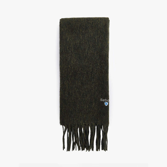 Barbour PLAIN LAMBSWOOL Mens Winter Seaweed front view of scarf with fringed edges.
