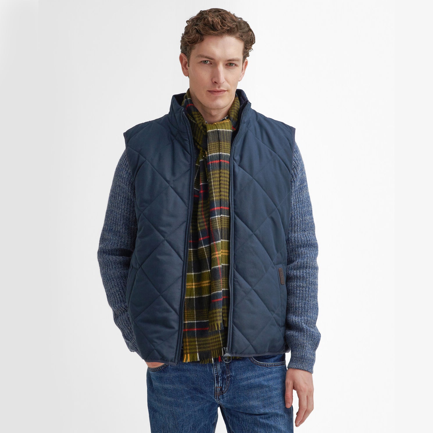 Barbour BROCKSTONE Scarf Unisex Adults Classic front view worn by a model with a quilted vest.